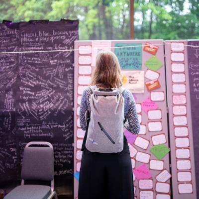 Woman evaluating qualitative data on ideas board