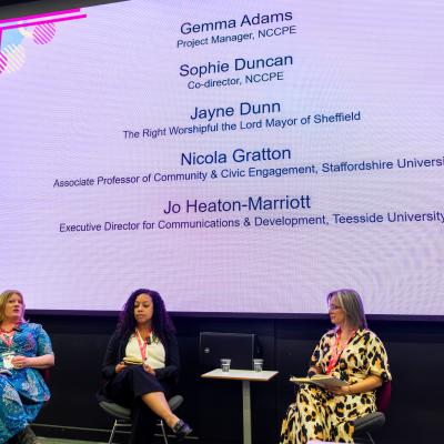 The 5 panel members sitting on chairs on stage for the opening plenary of CiviCon 2024