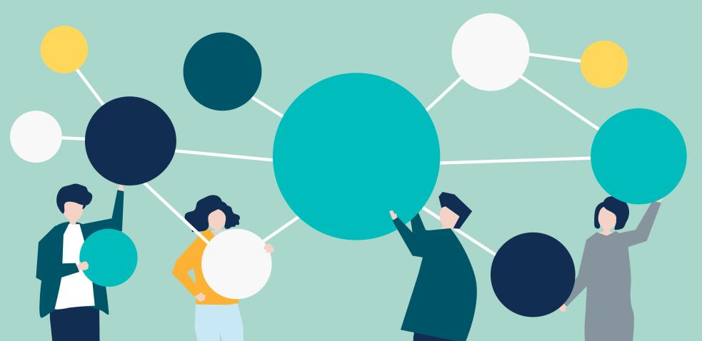 illustration of people holding up multicoloured circles of different sizes connected together through lines