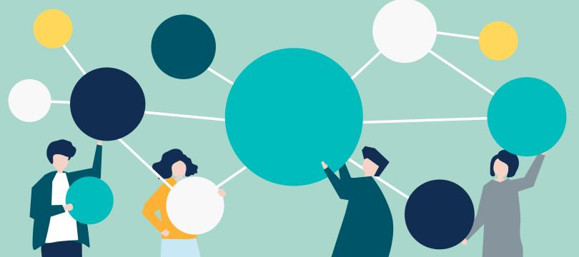 illustration of people holding up multicoloured circles of different sizes connected together through lines