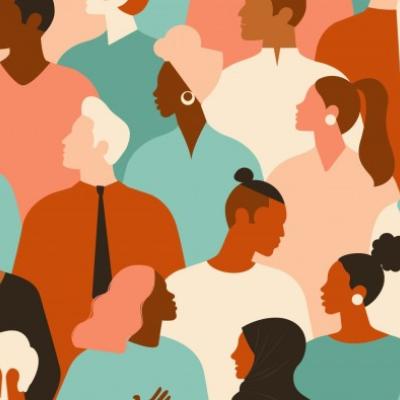Smaller sized, illustrated graphic of a diverse group of people standing together