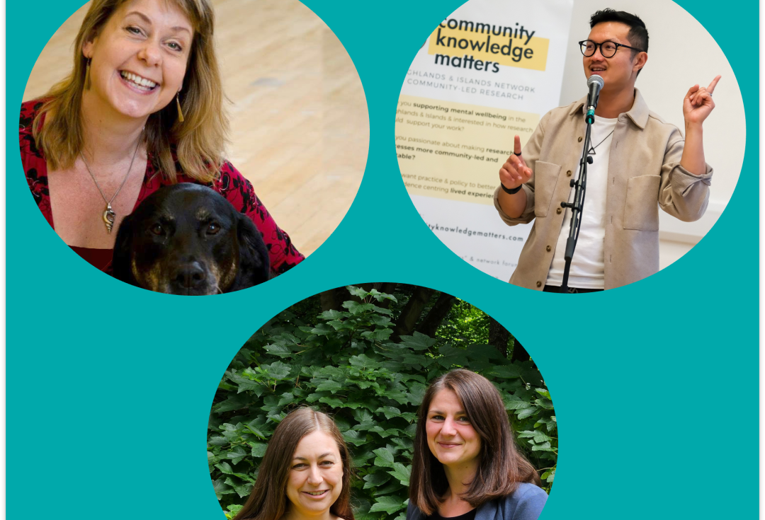 3 circles on a green background with photos of the 2024 cohort of Fellows