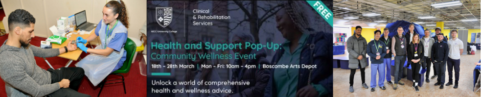 Photos from Health and Support pop-up event - patient with nurse, group of participants in event space