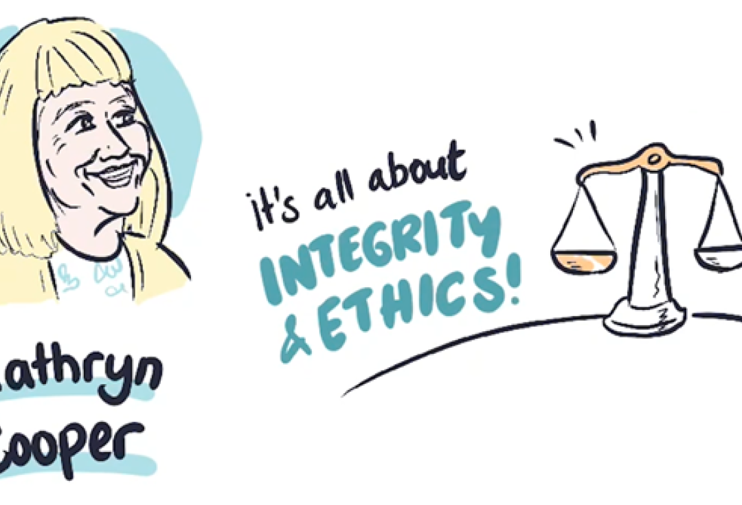 Illustration of Kathryn with a quote saying: "It's all about integrity and ethics"