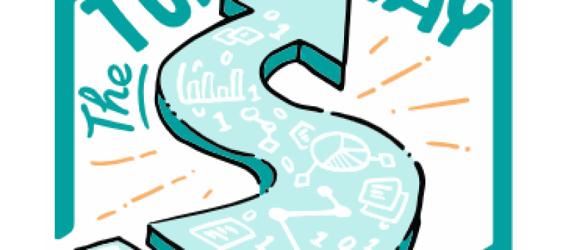 Illustration saying 'The Turing Way' with an wiggly arrow with scientific symbols inside